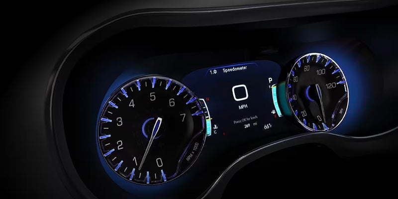 Close-up of the Voyager’s illuminated digital instrument cluster